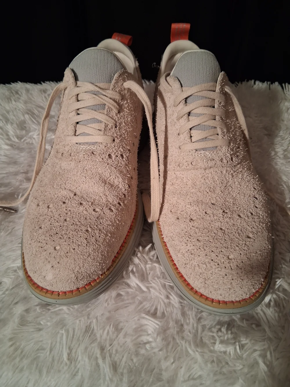 Cole Haan Beige Suede Boat Shoes with Orange Pull Tab